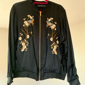 Zara Black Bomber Jacket with Floral Embroidery